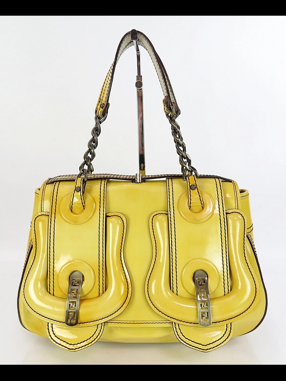 Fendi Yellow Patent Leather Shoulder Bag with Chain Handles